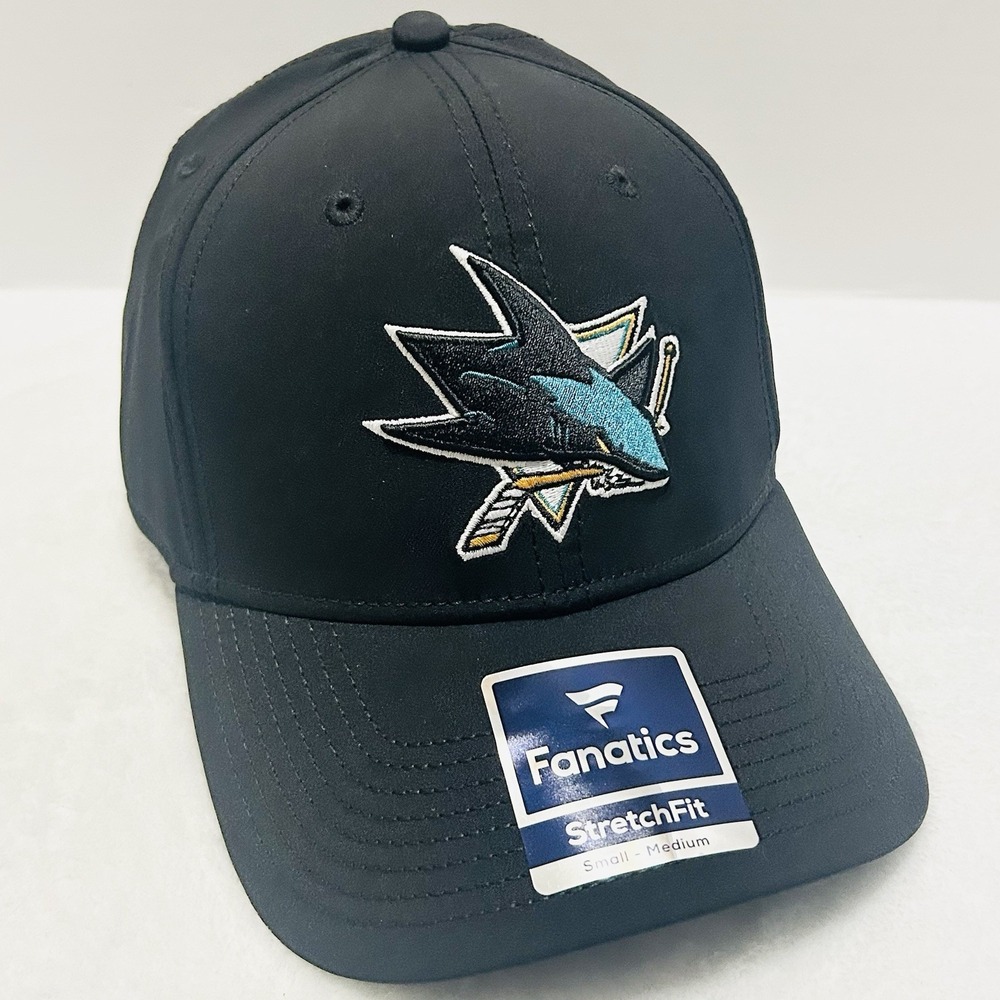Fanatics San Jose Sharks Logo Stretch Flex Fit Hat Cap S/M Black NHL Hockey - Picture 3 of 5
